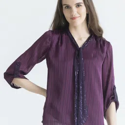 SHAYE Women Purple V-Neck Self Stripes Sequin Three-Quarter Sleeves Party Tops-picture-17