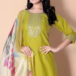 Ethnic 3 You Women Floral Embroidered Regular Sequinned Pure Cotton Kurta with Trousers & With Dupatta image 4