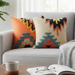 IZAAFA Cream-Coloured & Orange Set of 2 Embroidered Square Cushion Covers-picture-14