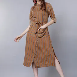 Tokyo Talkies Women Brown Striped Shirt Style Dress-picture-46
