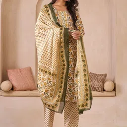 Sangria Embroidered Pure Cotton Round Neck Kurta & Trousers With Dupatta image 4