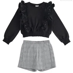 iDO Italy Cotton Full Sleeves Frill Detailing Top and Chequered Skirt - Black-picture-19