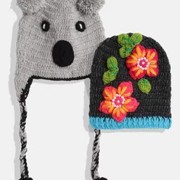 MayRa Pack Of 2 Flower Embroidered & Bear Design Hand Knitted Caps - Grey-image-8