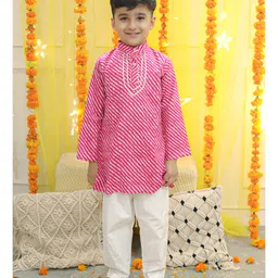 Bownbee Full Sleeves Leheriya Designed & Gota Lace Embellished Pure Cotton Kurta & Pyjama Set - Pink-image-66