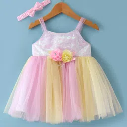 Babyhug Woven Sleeveless Mesh Dress With Sequinned Yoke & Headband - Multicolour-picture-18