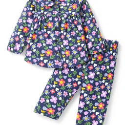 Babyhug Cotton Knit Full Sleeves Night Suit With Floral Print & Peter Pan Collar - Navy Blue-picture-33