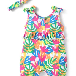 Babyhug Interlock Knit Sleeveless Romper With Floral Print & Hairband - White-picture-16