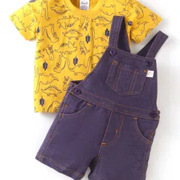 Simply Premium Interlock Knit Dungaree & Half Sleeves T-Shirt With Dino Print - Yellow & Blue-image-46