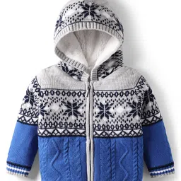 Babyhug Knitted Full Sleeves Front Open Hooded Sweater With Cable Knit Design - Blue-picture-31