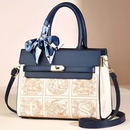 SYGA Women Elegant Contrast Stitch Tote Bag Handbag with Scarf Accent, (Blue & White)-image-98