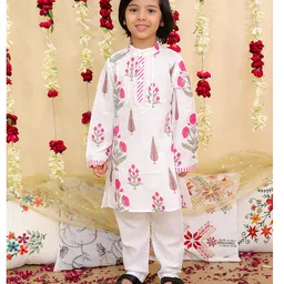 BownBee Pure Cotton Woven Full Sleeves Hand Block Floral Printed Kurta & Pyjama Set - Pink image 1