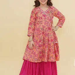 Bitiya by Bhama Girls Ethnic Motifs Printed Angrakha Gotta Patti Pure Cotton Kurta with Sharara-picture-14