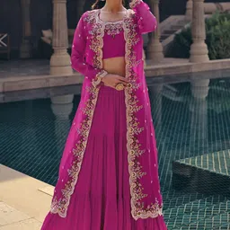 Trendmalls Ethnic Art Silk Embroidery Crop Top With Flared Pleated Palazzo & Shrug Set-picture-11