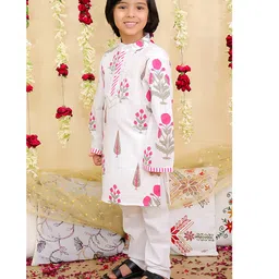 BownBee Pure Cotton Woven Full Sleeves Hand Block Floral Printed Kurta & Pyjama Set - Pink image 4