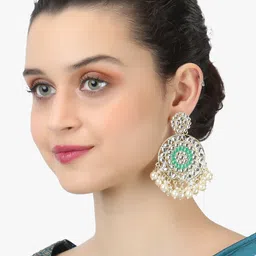 Anouk Green 24K Gold-Plated Artificial Studded And Beaded Contemporary Drop Earrings image 2