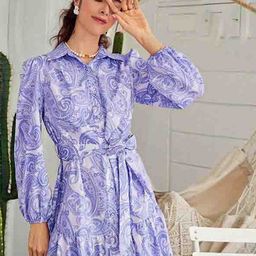 SZN Women Paisley Printed Shirt Collar Puff Sleeves Shirt Midi Dress Comes with a belt-picture-14