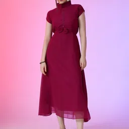 Femvy Women High Neck Cap Sleeves Maxi Fit & Flare Dress-image-7