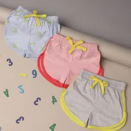 Mi Arcus Baby Girl Cotton Solid & Leaves Printed Shorts Pack of 3 Multi Colour-image-7