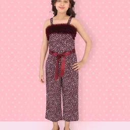 Cutecumber Sleeveless Animal Print Tulle Ruffled Neckline Detail Jumpsuit - Maroon-image-56