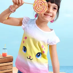 Babyhug 100% Cotton Frill Sleeves Tee With Kitty Graphics & Glitter Detailing- Yellow & Pink-image-37