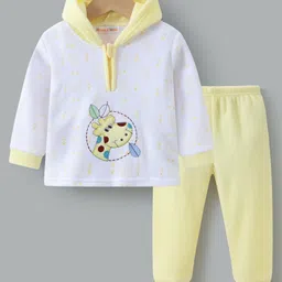 Kookie Kids Full Sleeves Hooded Front Zipper Winter Wear Suit With Giraffe Embroidery - Yellow & White-picture-13
