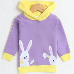 BUMZEE Cotton Looper Full Sleeves Rabbit Printed Hooded Sweatshirt - Lavender & Yellow-image-77