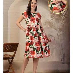 Zelena 100% Cotton Half Sleeves Floral Printed Maternity Zipless Feeding Dress With Nursing Access & Pockets - Multicolor-picture-30