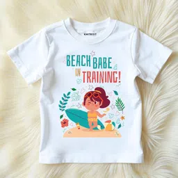 KNITROOT Cotton Summer Theme Half Sleeves Beach Babe In Training Text Printed Tee - White-picture-11