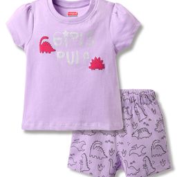 Babyhug Cotton Knit Half Sleeves T-Shirt & Short With Dino Print - Lavender-picture-21