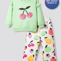 Bonfino 100% Cotton Knit French Terry Full Sleeves Oversized Sweatshirt & Wide Leg Leggings Set with Fruit Print - Light Green & Offwhite-picture-12