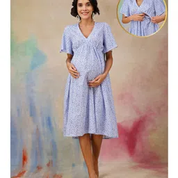Zelena 100% Cotton Woven Half Flutter Sleeves Floral Printed Maternity Dress With Centre Front Access - Aqua-image-96