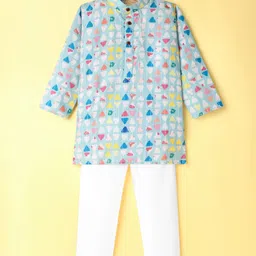 Ridokidz Full Sleeves Geometric Printed Kurta Pyjama Set - Light Blue-picture-21