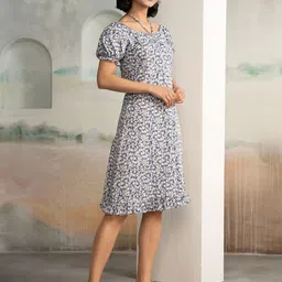 AASK Women Sky Blue Printed Delta Crepe Fit and Flare Calf Length Dress image 4