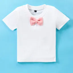 Robo Fry Cotton Blend Knit Full Sleeves Striped Blazer with T-Shirt & Trousers Set with Bow - Peach image 2