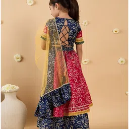 Pspeaches Cotton Half Sleeves Bandhani Printed & Lace Embellished Lehenga Choli With Dupatta Set - Navy Blue & Magenta image 3