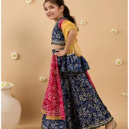Pspeaches Cotton Half Sleeves Bandhani Printed & Lace Embellished Lehenga Choli With Dupatta Set - Navy Blue & Magenta image 4