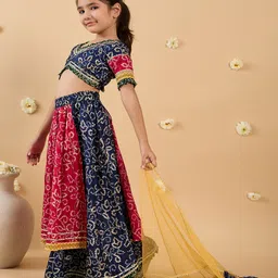 Pspeaches Cotton Half Sleeves Bandhani Printed & Lace Embellished Lehenga Choli With Dupatta Set - Navy Blue & Magenta image 5
