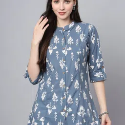 Divena Women Floral Printed Mandarin Collar Roll-Up Sleeves Ethnic Cotton Shirt Style Top-picture-15