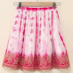 Babyhug Sleeveless Choli & Tie Dye Lehenga With Dupatta Zari Detailing - Fuchsia White image 5