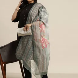 Sztori Floral Striped Organza Dupatta with Sequinned Detail image 3