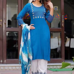 G4Girl Women Floral Embroidered Regular Thread Work Kurta with Trousers & With Dupatta image 1