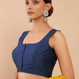 Soch Navy Blue Solid Silk Saree Blouse image 5