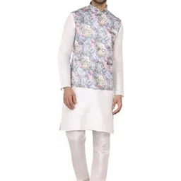 JEXI Mandarin Collar Pure Silk Kurta With Pyjama And Nehru Jacket-picture-29