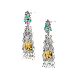 Shining Jewel - By Shivansh Silver-Plated Cubic Zirconia Studded Oxidised Drop Earrings image 3