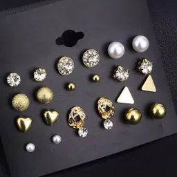 PolluxCraft Set of 12 Gold-Plated Stones Studded And Beaded Circular Shaped Korean Studs-picture-12