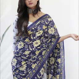 Moda Rapido Women Blue Printed Pure Cotton Designer Block Print Saree image 2