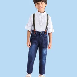 Babyhug Cotton Woven Full Sleeves Mandarin Collar Shirt & Denim Jeans Set With Suspender - White & Blue-picture-14