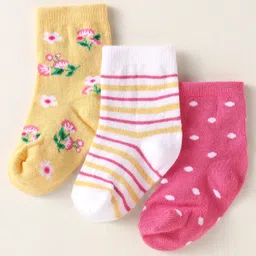 Cute Walk By Babyhug Anti-Bacterial Ankle Length Pack of 3 Socks With Floral Stripe & Polka Dot Print - White Pink & Yellow-picture-24