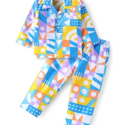 Babyhug Cotton Woven Full Sleeves Co-ords Night Suit with Geometric Shapes Print - White-picture-16