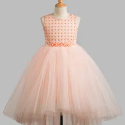 Toy Balloon Kids Net Sleeveless Polka Dots Foil Printed & Floral Applique Detailed High Low Dress - Peach-picture-28